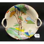 Clarice Cliff Newport Pottery twin handled dish, painted with trees, width 9.25'