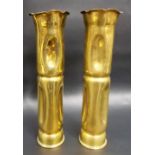 Pair of brass gunshell cartridge trench art vases, height 11'.