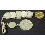 Islamic white metal coin fob, the end coin with gold inlay, weight overall 20.4g approx.