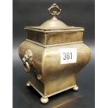 George III style silver plated tea caddy of square baluster section, with hinged lid and with lion