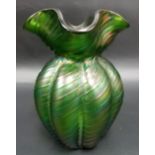 Loetz style green iridescent glass ovoid vase, the flared lobed neck over the ovoid lobed body