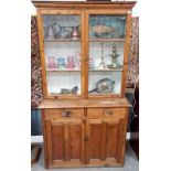 Victorian pine Cornish dresser with pair of glazed cupboard doors over two drawers and two