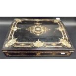 Victorian ebony, brass and abalone inlaid writing slope, the hinged top with stationery compartments