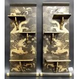 Pair of Chinese black lacquer & gilt painted rectangular folding shelves, both painted with