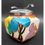 Clarice Cliff Newport Pottery 'Bizarre' lidded sugar bowl, the lid with patent nips, decorated