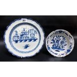 19th Century feather edged blue and white pearlware dish, decorated with a stylised pagoda, possibly