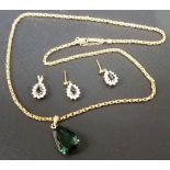 9ct gold sapphire and diamond cluster pendant and drop earring set; together with a 9ct set green