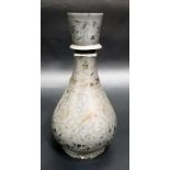 Persian silver inlaid base metal pear shaped vase, decorated with birds amongst scrolling foliage,