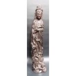 Good antique Chinese carved hardwood figure of Guan Yin, she is carved holding a sceptre and beads