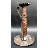AJ & F Pool, Hayle Arts & Crafts copper tall chamberstick of planished decoration & embossed with