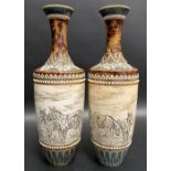 Pair of rare Royal Doulton Hannah Barlow stoneware sgraffito decorated bottle vases, both