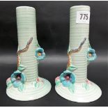 Clarice Cliff Newport Pottery pair of relief moulded cylindrical bud vases, moulded with a trail