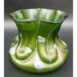 Loetz style green iridescent glass vase, of squat inverted lobed form & with silver iridescent