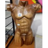 Modern carved wood male torso, height 17.75'