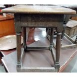 18th Century oak joint stool with turned supports united by stretchers, width 16'.