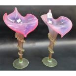 Pair of Victorian opaque cranberry vaseline glass 'Jack in the Pulpit' vases height 10.5'.