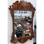 George III mahogany fret wall mirror with carved scalloped shell surmount, height 25.5'.