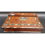 Victorian burr veneered ebony, ivory, mother of pearl and silver inlaid writing slope, the hinge lid