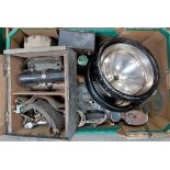 Box of vintage automobil vehicle parts inc. a headlamp, lead lights etc