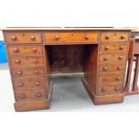 Victorian mahogany twin pedestal desk, the rectangular top over an arrangement of thirteen