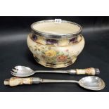 Carlton ware W & R Stoke on Trent 'Peony' pattern salad bowl with serving spoon and fork, diameter