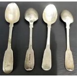 Set of three Victorian fiddle pattern teaspoons, London 1845; together with a George III fiddle