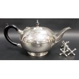 Silver plated ovoid teapot; together with a pair of silver plated knife rests
