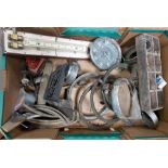 Box of vintage vehicle parts inc. 4 headlight bezels, a MPH speedometer etc