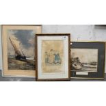 ARSENE CHABANIAN (1864-1949) Colour aquatint depicting beached fishing vessels Signed in pencil &