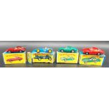 Four Matchbox series racing cars, 2 x 75 Ferrari Berlinetta cars in green, a 32 'E' Type Jaguar in