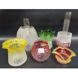 Victorian cranberry and uranium glass lobed bowl, together with five glass light shades and two