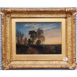 19th Century BRITISH SCHOOL Country landscape with figures, a ruined building beyond Oil on canvas