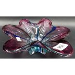 Art glass irregular shaped bowl, pink blush with blue & red trails, width 9'