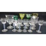 Collection of stemmed drinking glasses including a set of 6 cordial glasses with white opaque and