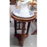 Victorian mahogany circular two tier wash stand; together with a pottery wash bowl and jug.