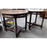 2 similar Edwardian circular centre tables both with pierced fret friezes & with ring turned cluster