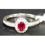 Contemporary 18k white gold ruby and diamond cluster ring, the oval ruby of 0.45ct spread approx,