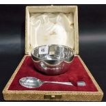 Modern silver cased Christening bowl and spoon, of plain form with engraved dedication, maker Walker