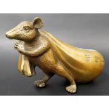 Interesting Japanese brass figure of a rat carrying a large bag over his shoulder, 3 character