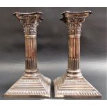 Good pair of Edwardian silver Corinthian column squat loaded candlesticks by Henry Atkins, Sheffield