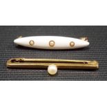 Small 9ct pearl set bar brooch; together with a yellow metal white enamel bar brooch set three