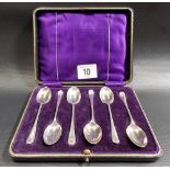 Set of six silver demi-tasse spoons with scallop shell handles, original fitted case, Chester