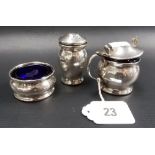 Silver 3-piece cruet of baluster form, comprising a mustard pot & spoon, salt & pepper shaker,