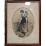 19th Century drawing of a woman with a child on her back before a stream Charcoal & chalk, oval 16.