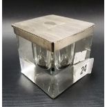 Art Deco cube glass inkwell with hinged engine turned lid, maker W. & B.S, Birmingham 1931