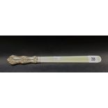 Victorian ivory paper knife with silver foliate scroll embossed weighted handle, maker H.M,