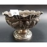 Burmese white metal embossed pedestal sugar bowl, embossed & chased with figures amongst buildings &