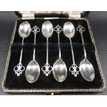 Set of six silver tea spoons with slender handles & pierced finials, maker D & B, Birmingham 1927,