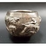 Indian silver ovoid embossed sugar bowl decorated with hunters, elephant, horse & tiger, weight