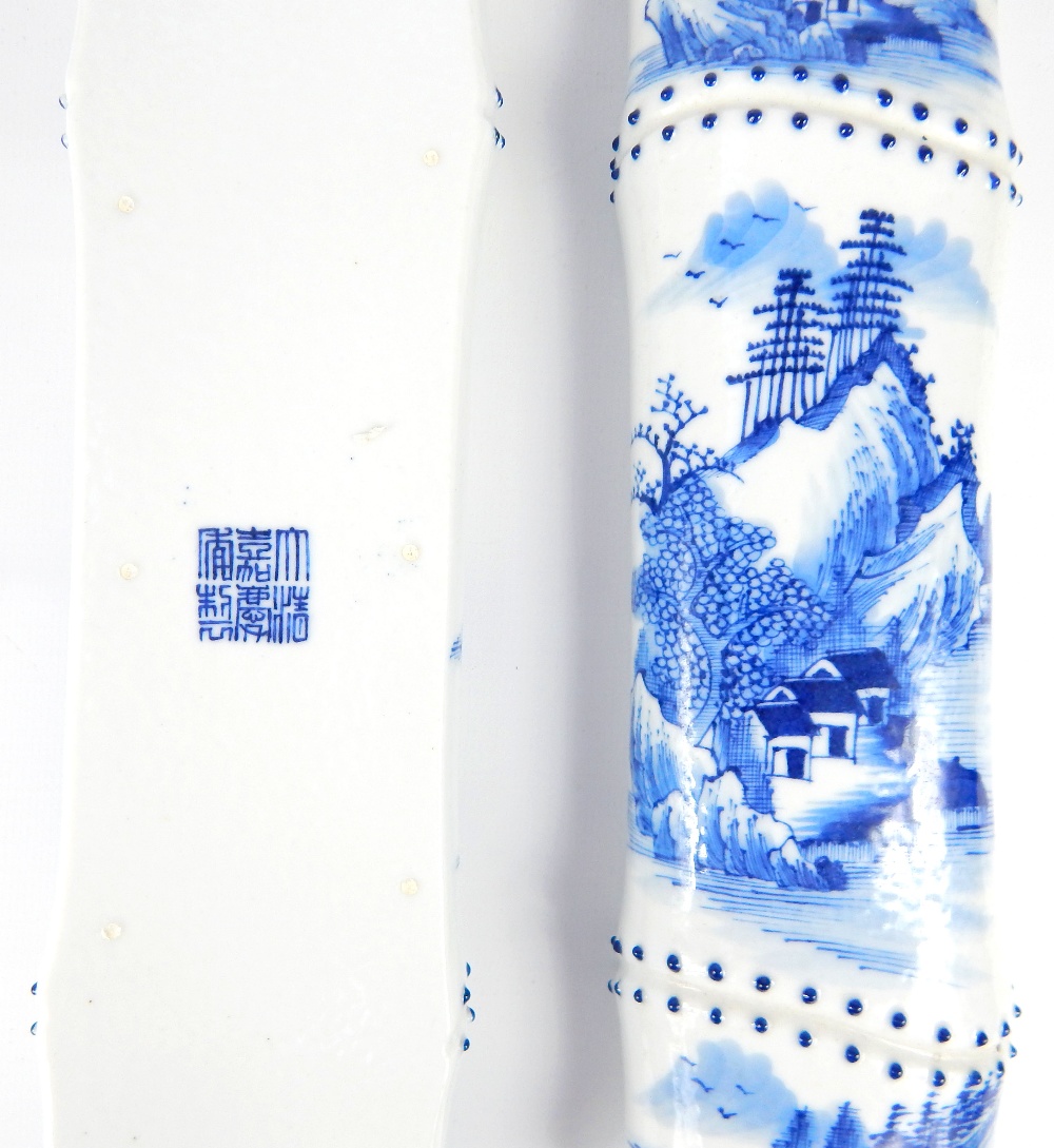 Pair of Chinese porcelain blue & white paperweights of faux bamboo form, with beads at the bamboo - Image 6 of 9